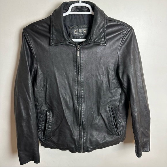Arrow Leather Bomber Jacket Men's Size Medium Black Moto Medium Weight Lined - Picture 10 of 10